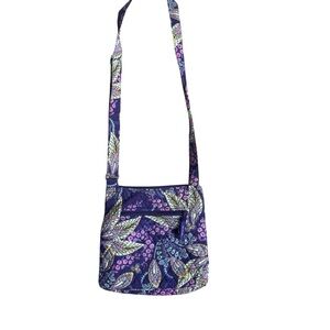 Vera Bradley Batik Leaves Purple Crossbody Bag with Front & Back Zipper Like New